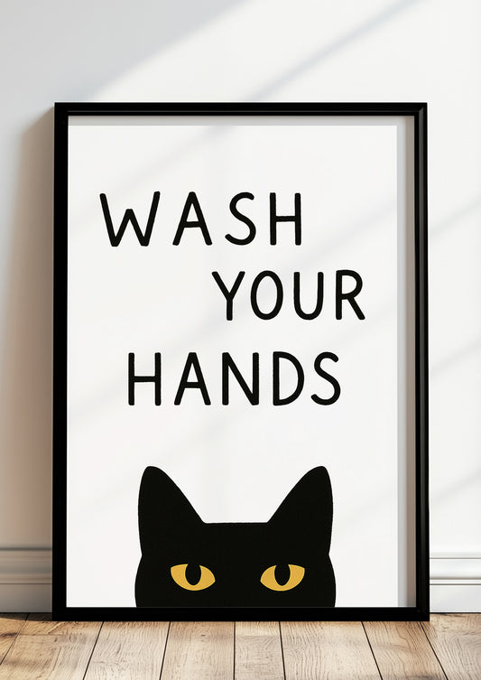 Wash Your Hands Katzen Poster gerahmt im Badezimmer