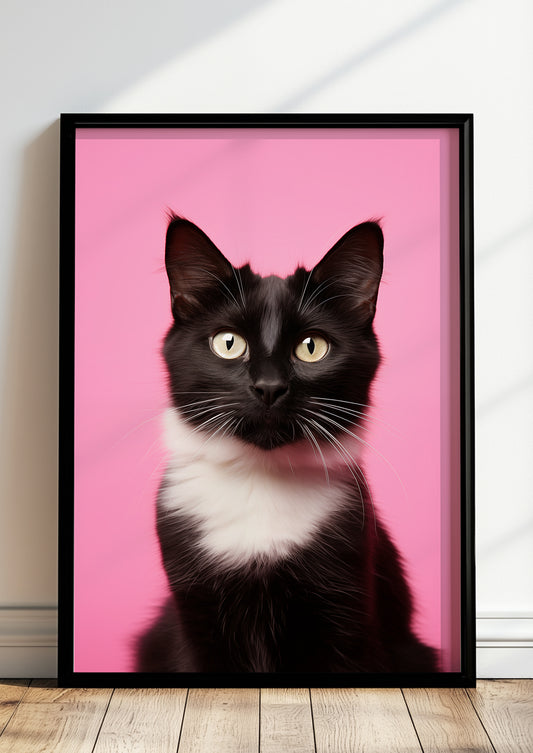 Gerahmtes Poster „Cat 3 On Pink Background“.