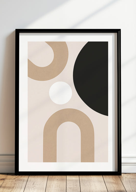 Gerahmtes geometrisches Kunstposter mit abstrakten Bögen und Kreisen – moderne Wanddeko fürs Wohnzimmer