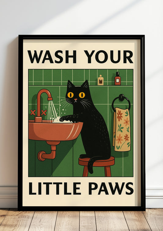 Retro Katzenbild gerahmt in modernem Badezimmer, lustige Wanddeko mit Hygiene-Motto