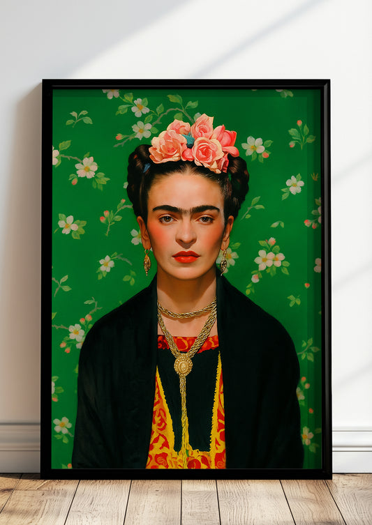Gerahmtes Frida Kahlo Bild mit grünem Hintergrund im Wohnzimmer, Boho Deko