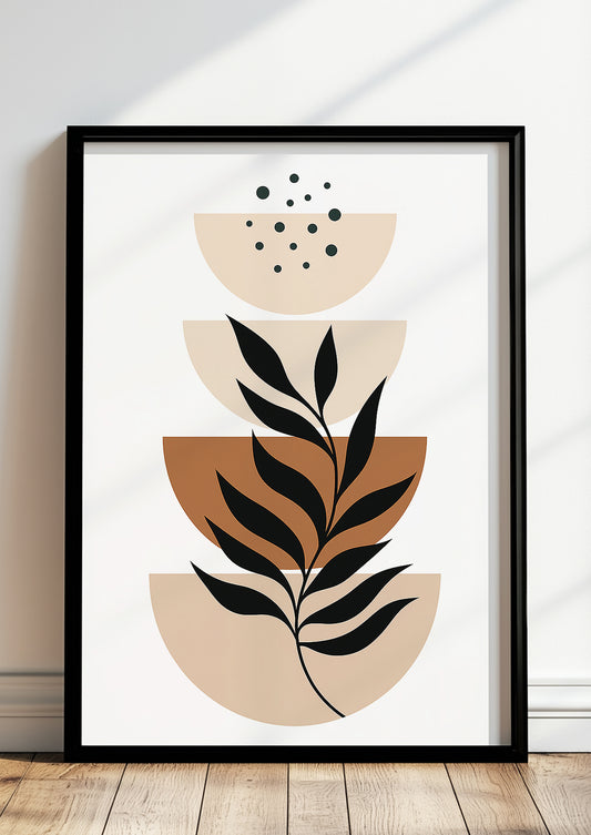 Gerahmtes Boho Poster mit geometrischen Halbkreisen & Pflanzenmotiv in Naturfarben – Wohnzimmer Deko