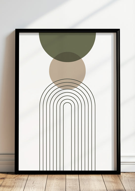 Gerahmtes Boho Kunstposter mit Kreisen & Linienbogen in Naturfarben – minimalistische Wohnzimmer Deko