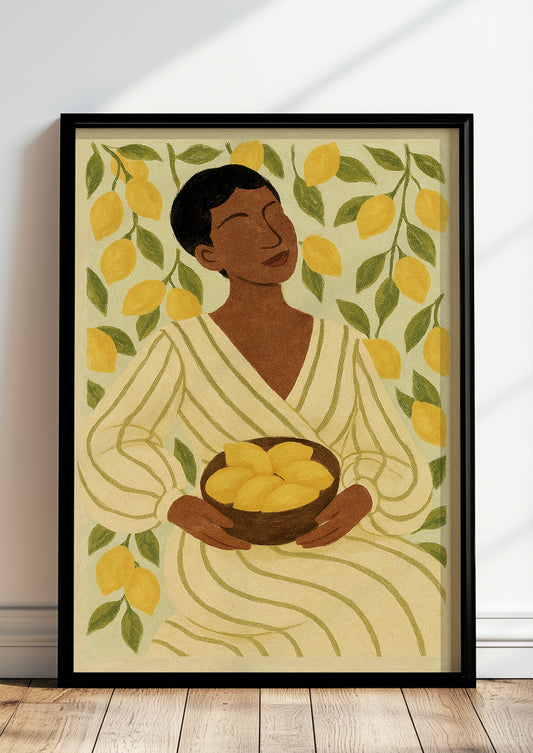 Frau mit Zitronen Bild gerahmt an der Wand im Wohnzimmer