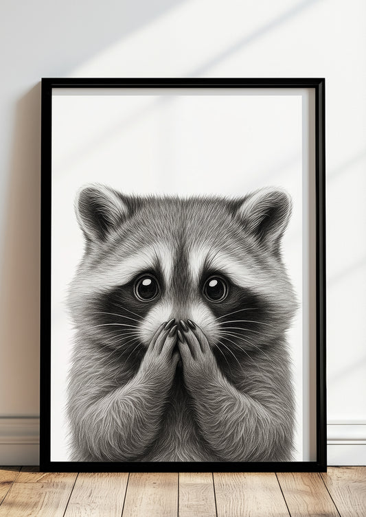 Poster im modernen Wohnzimmer gerahmt, Waschbär mit Händen vor dem Mund als witzige Wanddekoration