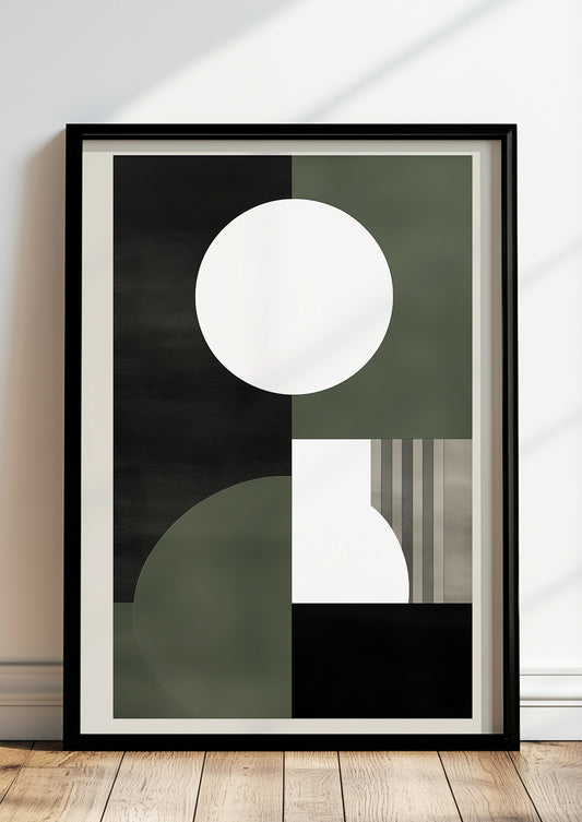 Gerahmtes Poster „BAUHAUS - Circles - Olive White“ in modernem Raum.