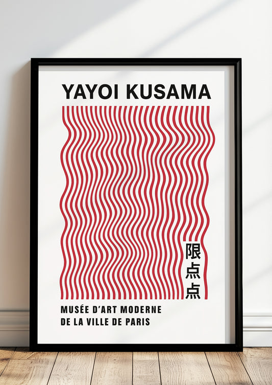 yayoi kusama wavy red lines kunstwerk gerahmt in modernem wohnzimmer an der wand