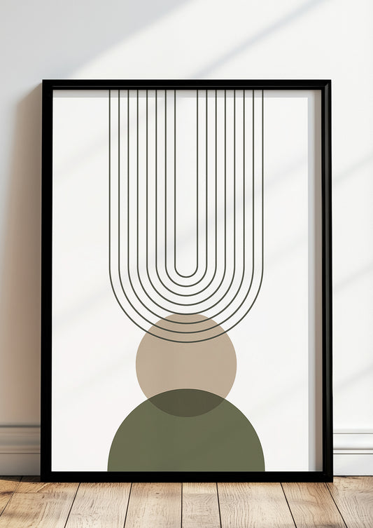 Gerahmtes Boho Poster mit Linienbogen & Kreisen in Naturfarben – stilvolle Wanddeko fürs Wohnzimmer