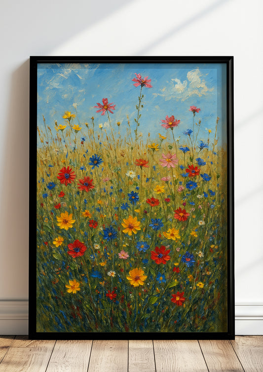 Gerahmtes Blumenwiesen Ölbild als Wanddeko – bunte Sommerwiese in kräftigen Farben fürs Wohnzimmer