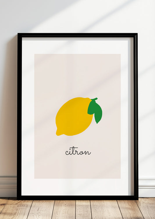 Gerahmtes Poster „Citron“ in moderner Küche.