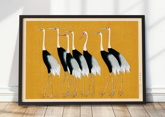 gerahmt in modernem raum Wohnzimmer mit modernem Interieur und Ogata Korin Kraniche Poster an der Wand