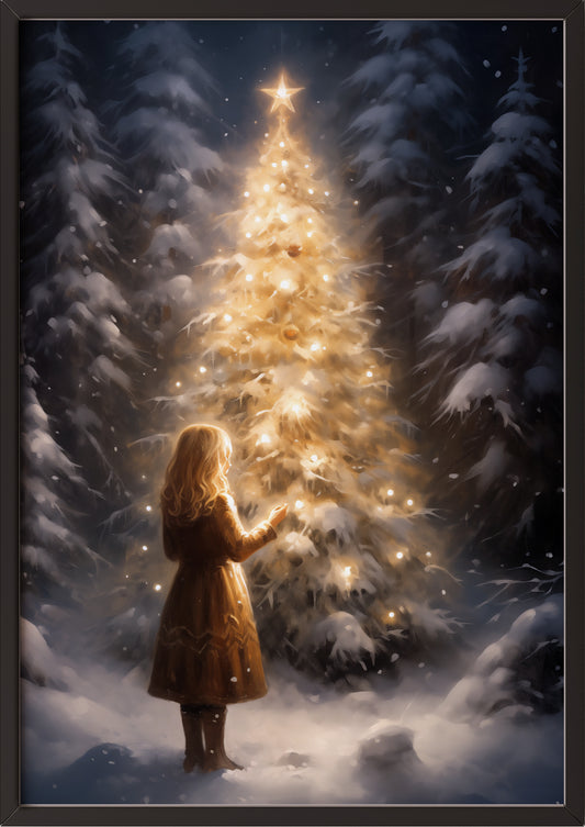 Poster mit goldenem Weihnachtsbaum im Winterwald im schwarzen Holzrahmen, stehend auf dem Boden