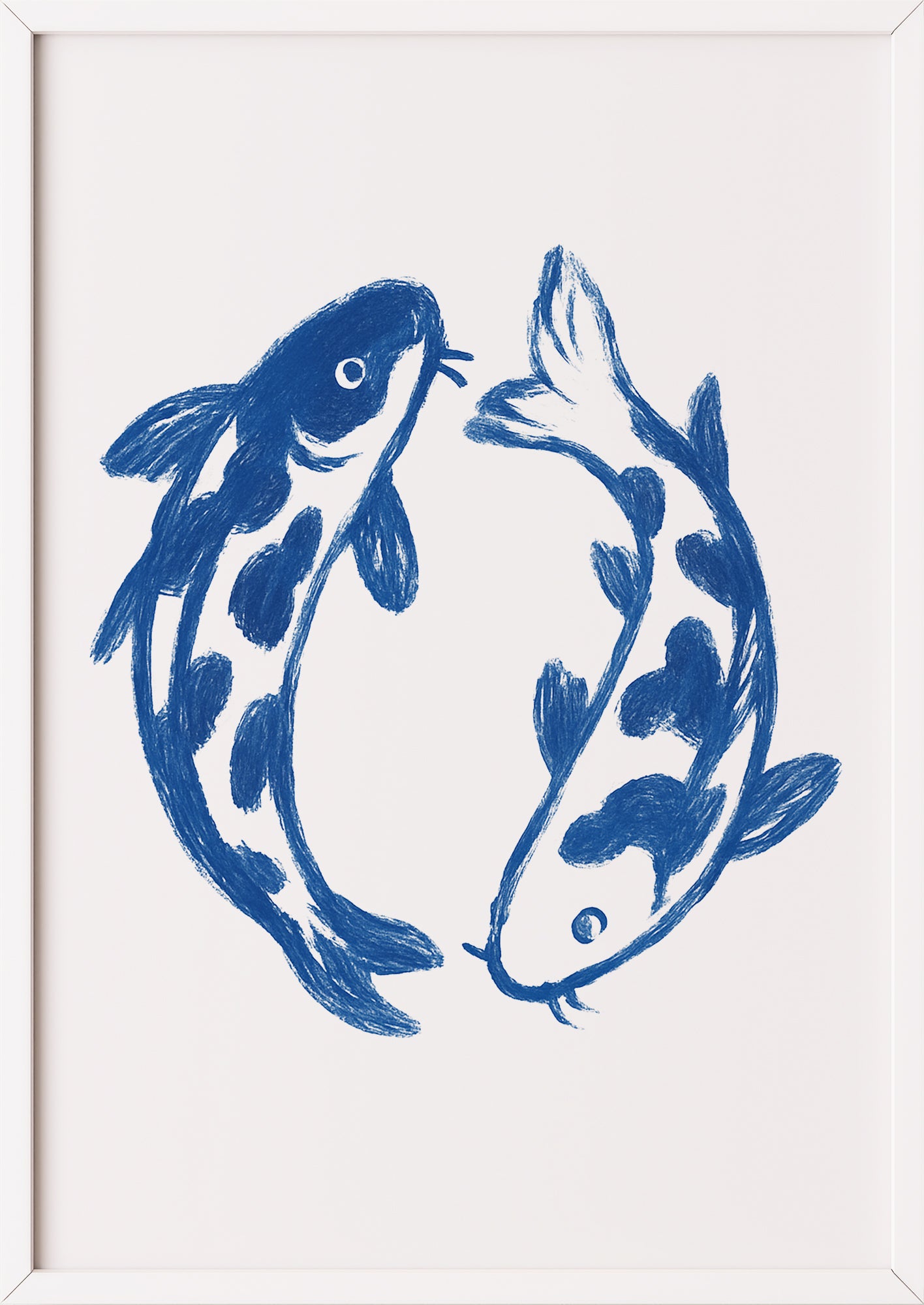 Koi Fisch Line Art Kunstdruck in Blau mit weißem Rahmen – asiatische Wandkunst