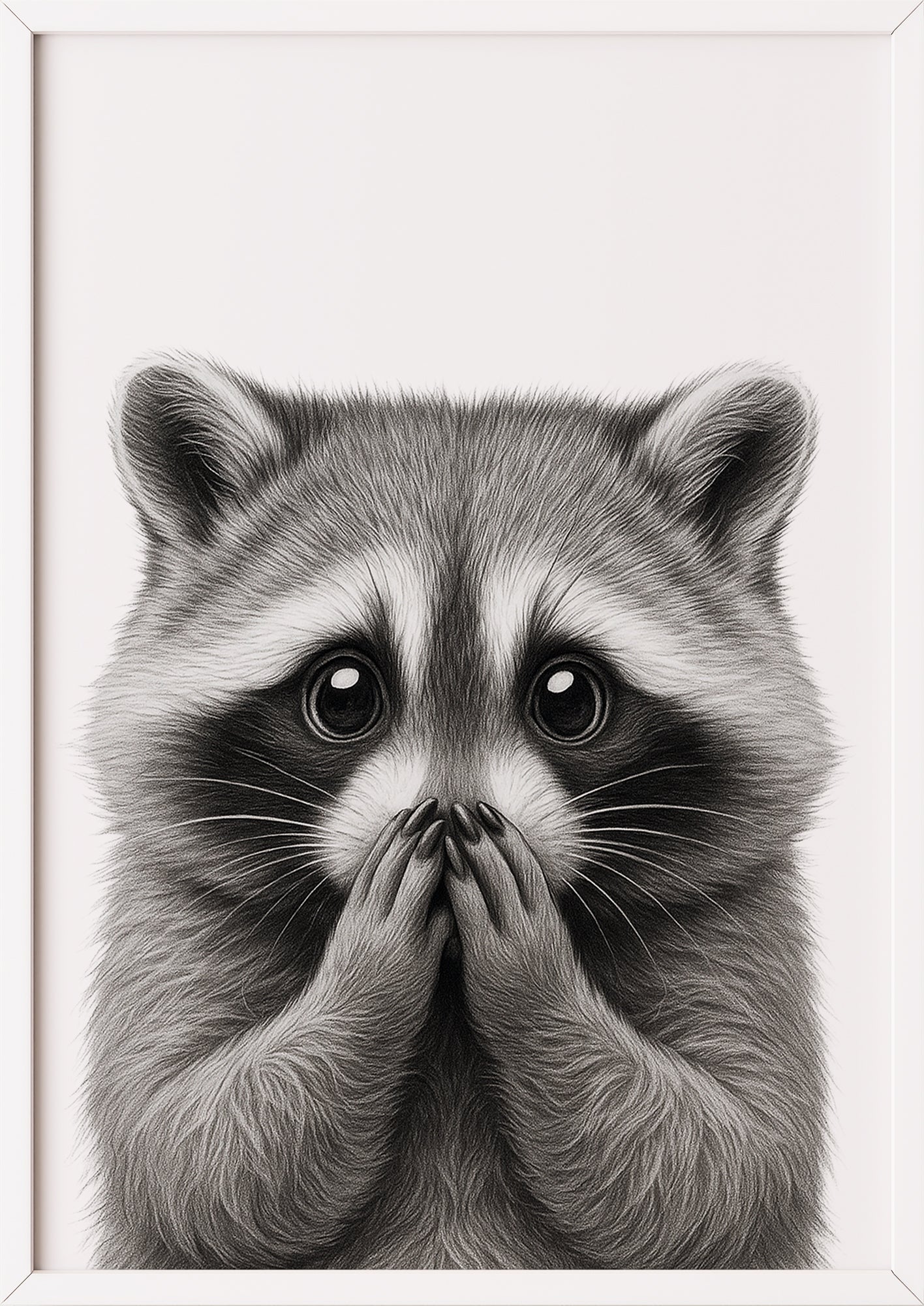 Waschbär Kunstdruck mit Händen vor dem Mund in weißem Rahmen, charmante Wandkunst für dein Zuhause