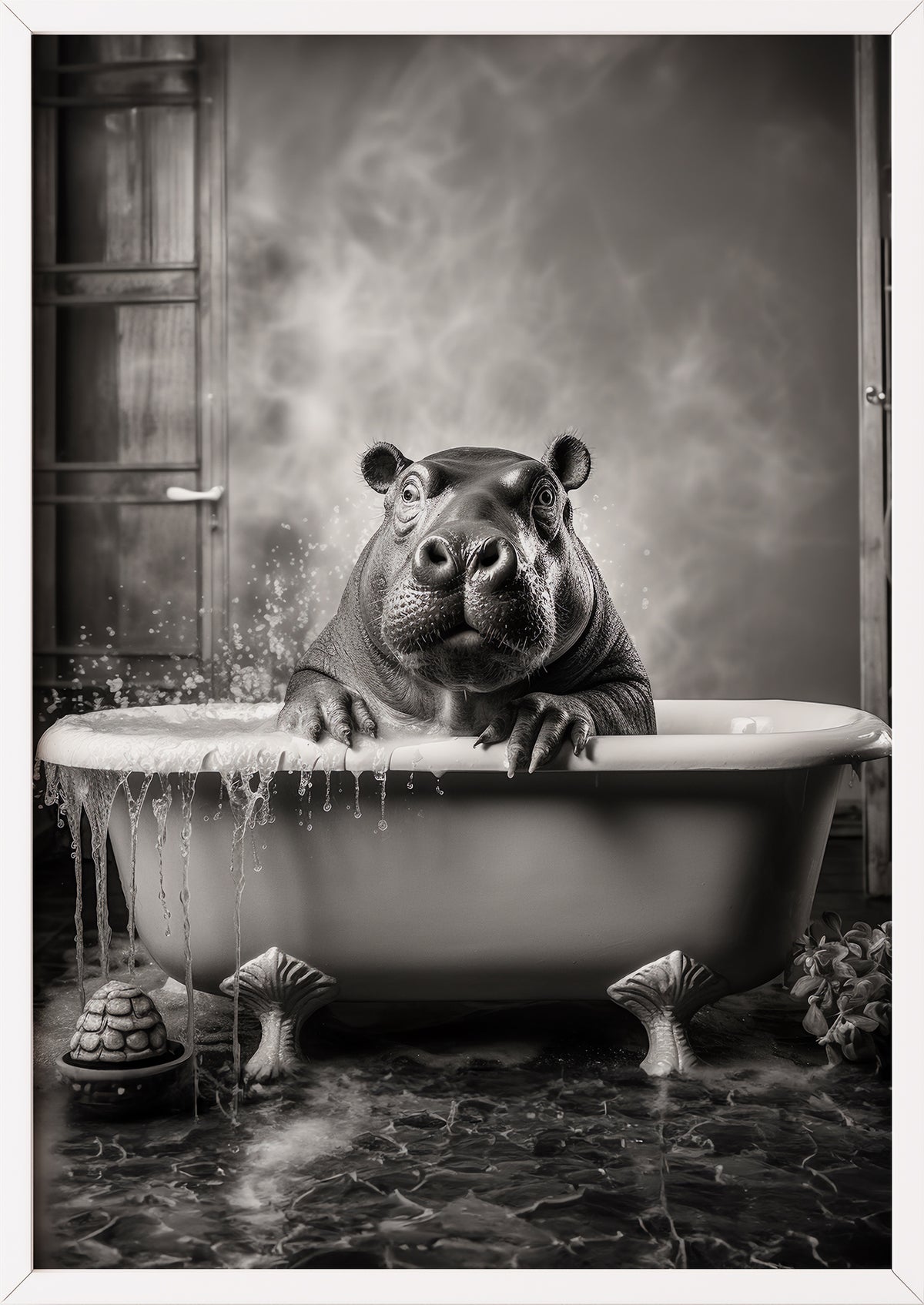 witziges schwarz-weiß bild eines löwen in einer badewanne eingerahmt in weiß das in einem modernen wohnzimmer für einen eyecatcher sorgt