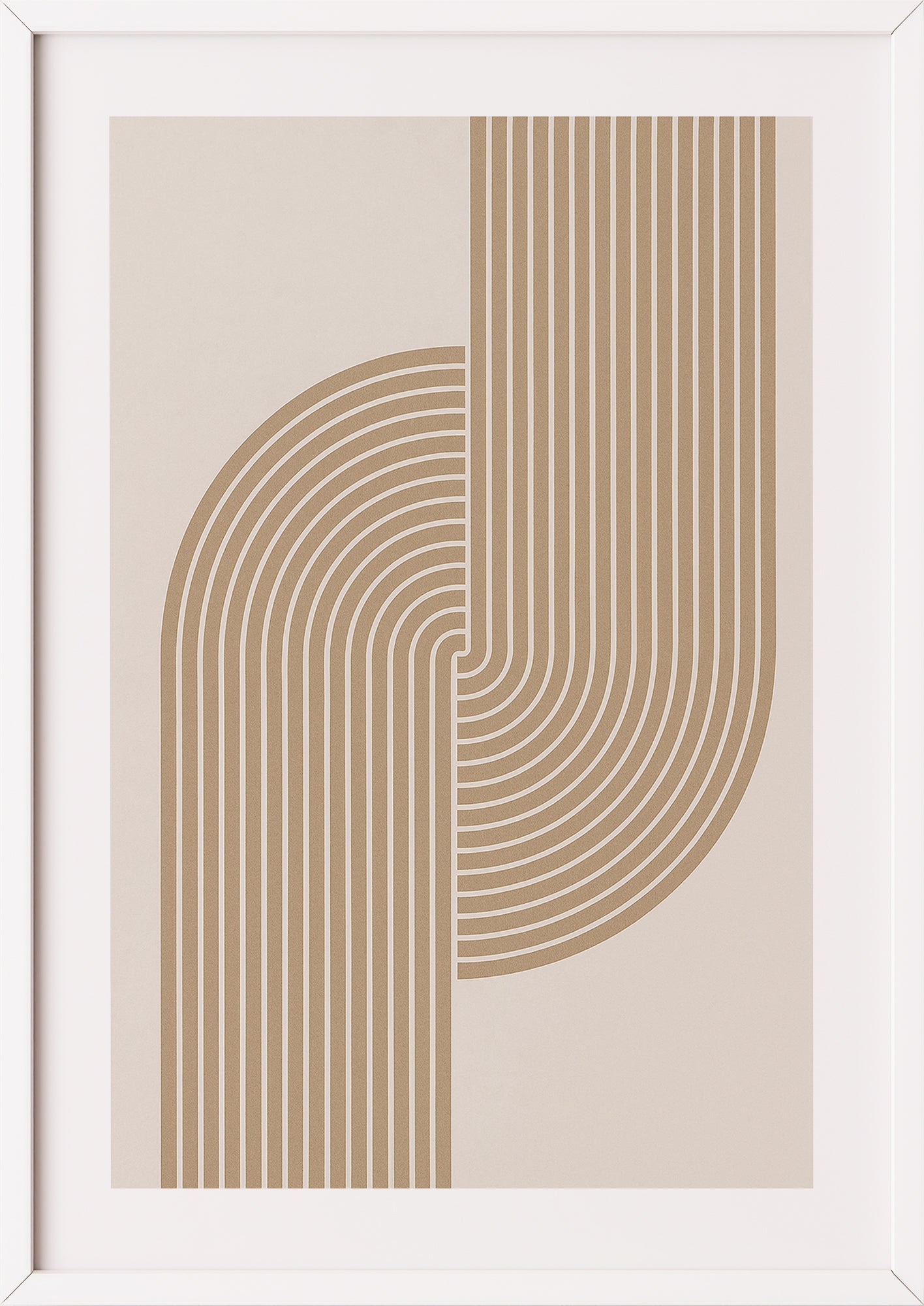 Geometrisches Linienbogen Poster in Beige mit weißem Rahmen – abstrakte Deko für moderne Räume
