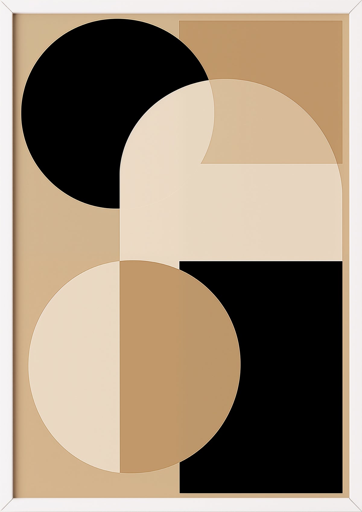 Poster mit Kreisen und Rechtecken in Beige, Braun und Schwarz im weißen Rahmen