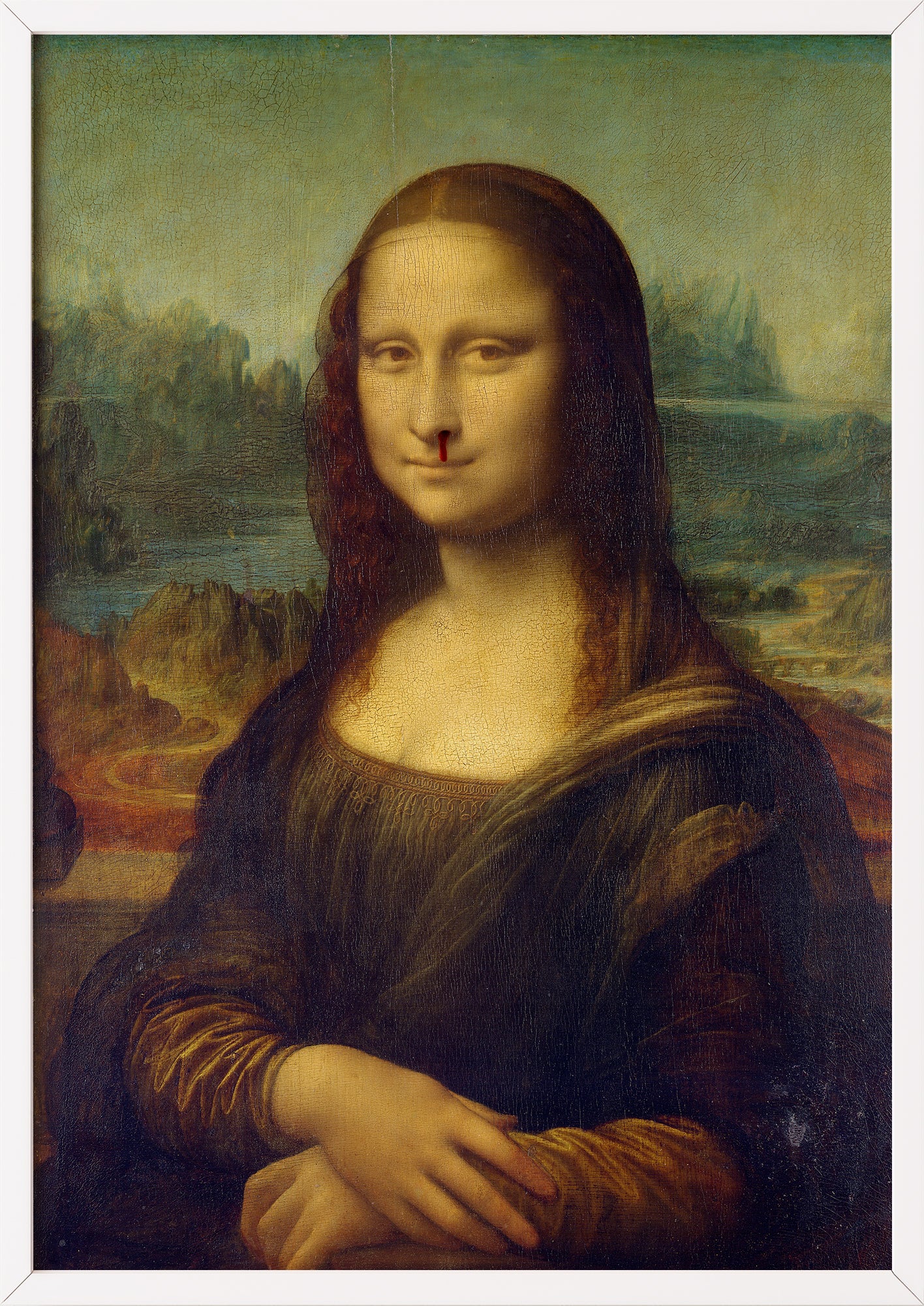 ein poster der mona lisa mit leichter blutspur unter der nase in einem weißen rahmen bringt witz und stil zusammen