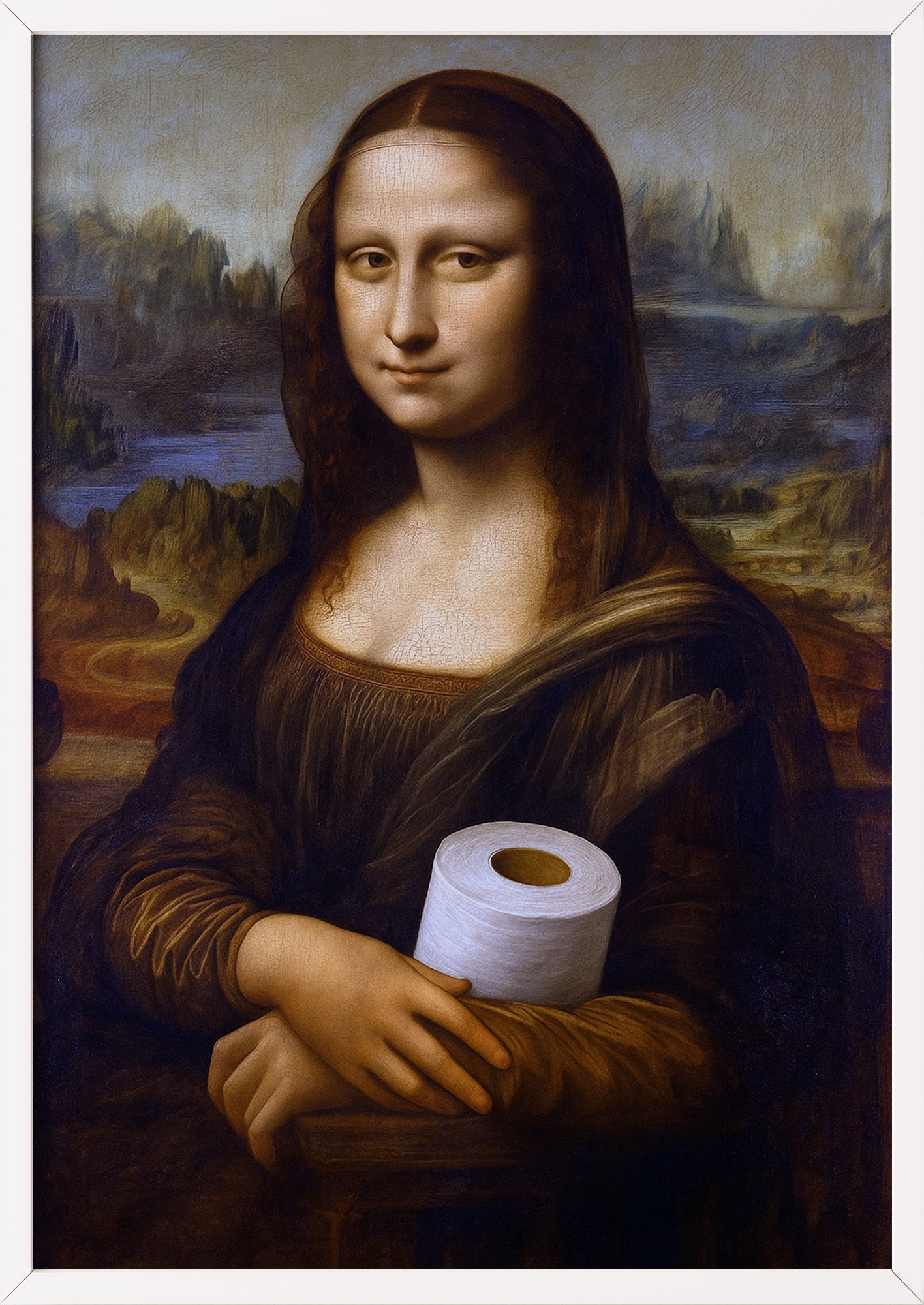 Die Mona Lisa mit Klopapierrolle wirkt in einem weißen Rahmen besonders leicht und modern und setzt so charmante Akzente.