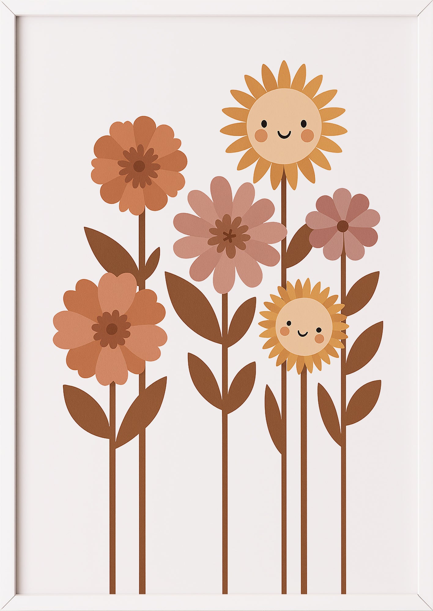 Poster mit lachenden Sonnenblumen und Blüten in Weißrahmen
