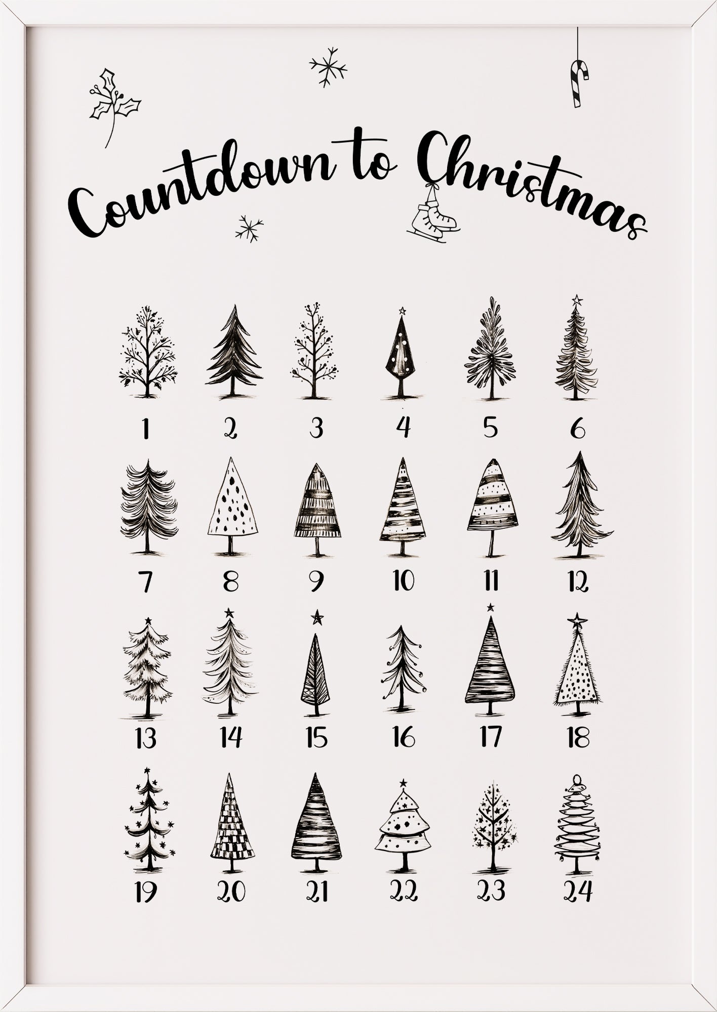 Weihnachts-Poster „Countdown to Christmas“ im weißen Holzrahmen