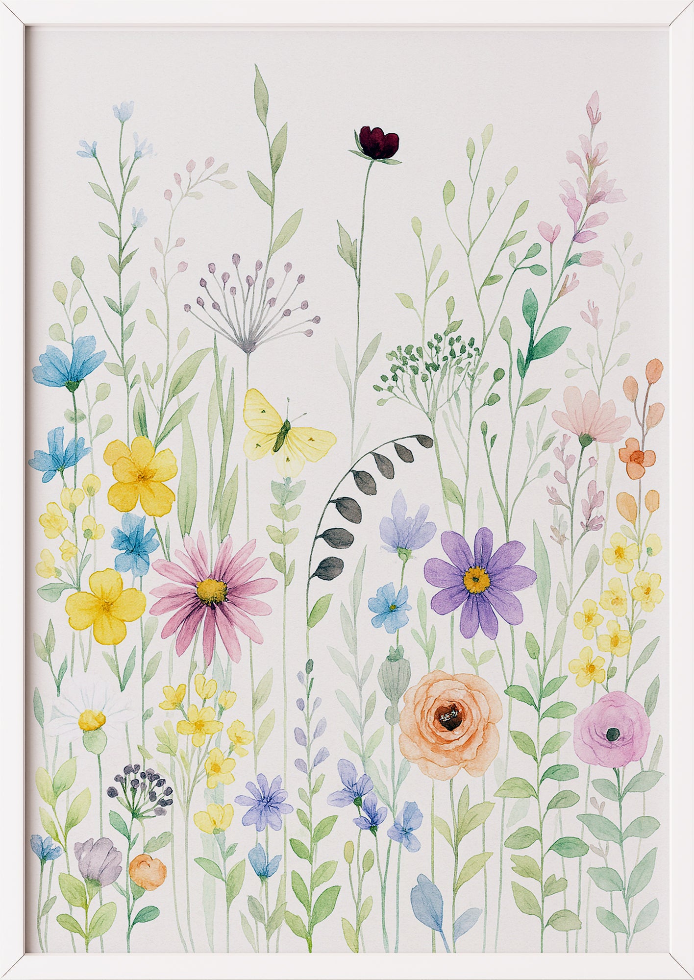 Poster mit farbenfroher Blumenwiese und Schmetterlingen im weißen Rahmen
