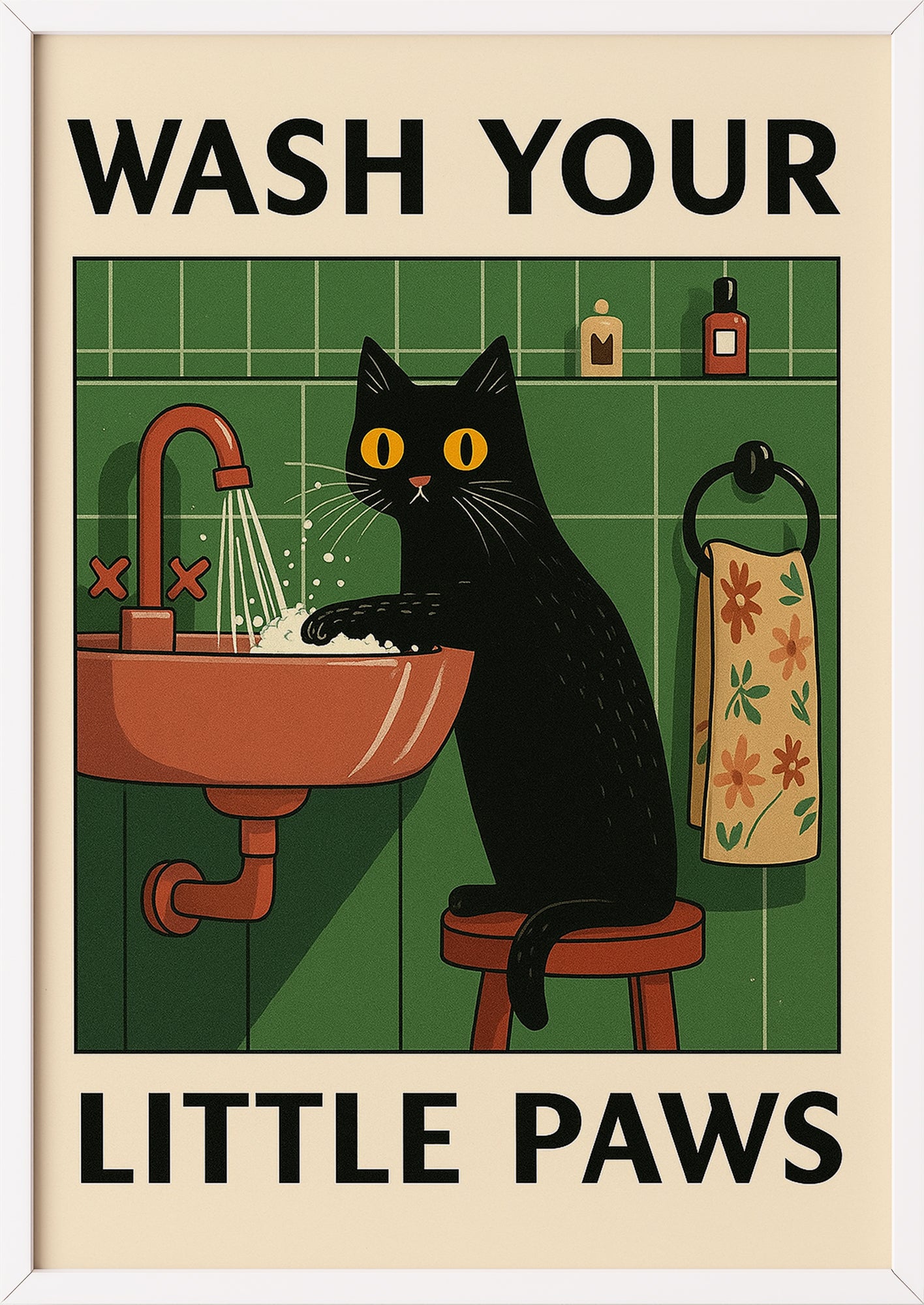 „Wash Your Little Paws“ Poster mit Katze in weißem Rahmen, perfekte Deko für Katzenfans