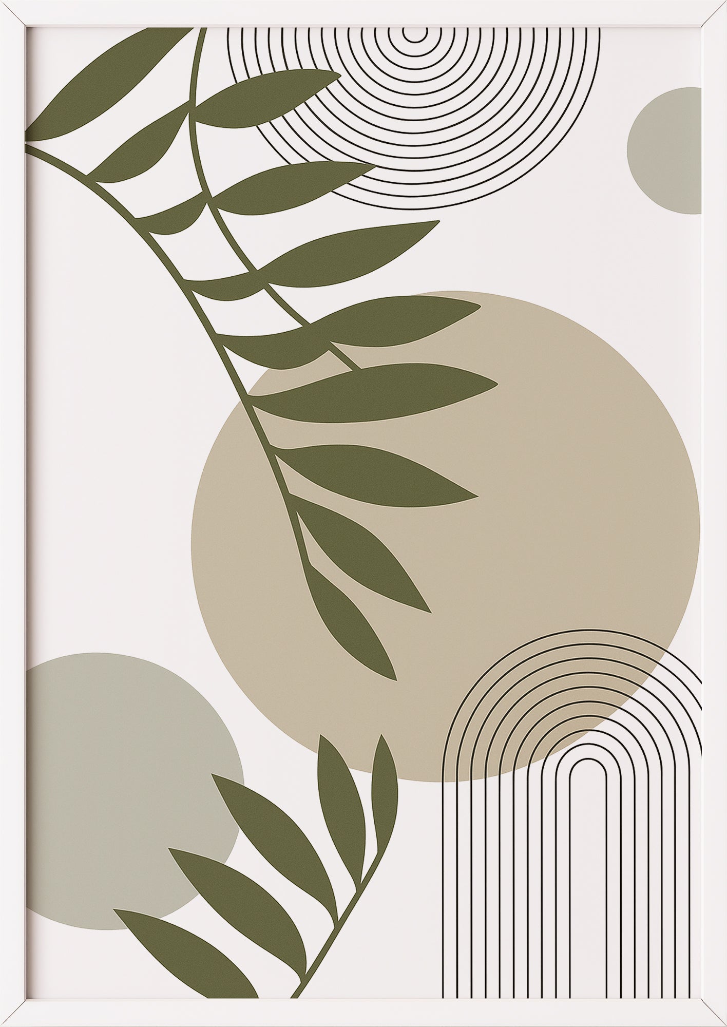 Boho Poster mit Blättern & Linienkreisen in Grün Beige mit weißem Rahmen – moderne Deko fürs Zuhause