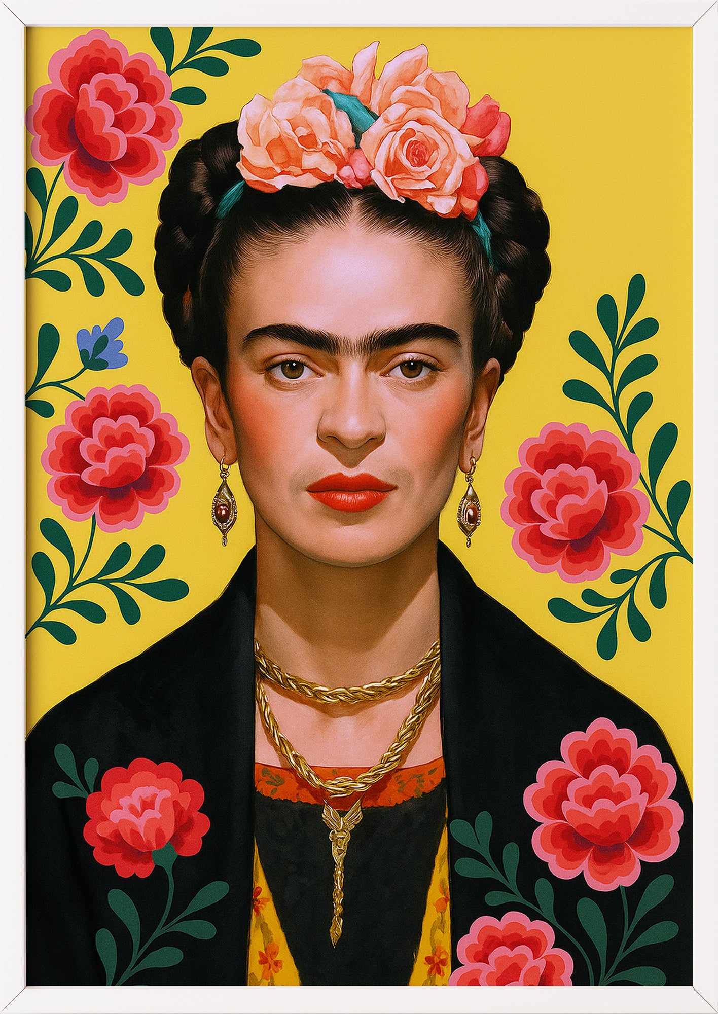 Frida Kahlo Porträt auf gelbem Hintergrund, gerahmt in weißem Rahmen