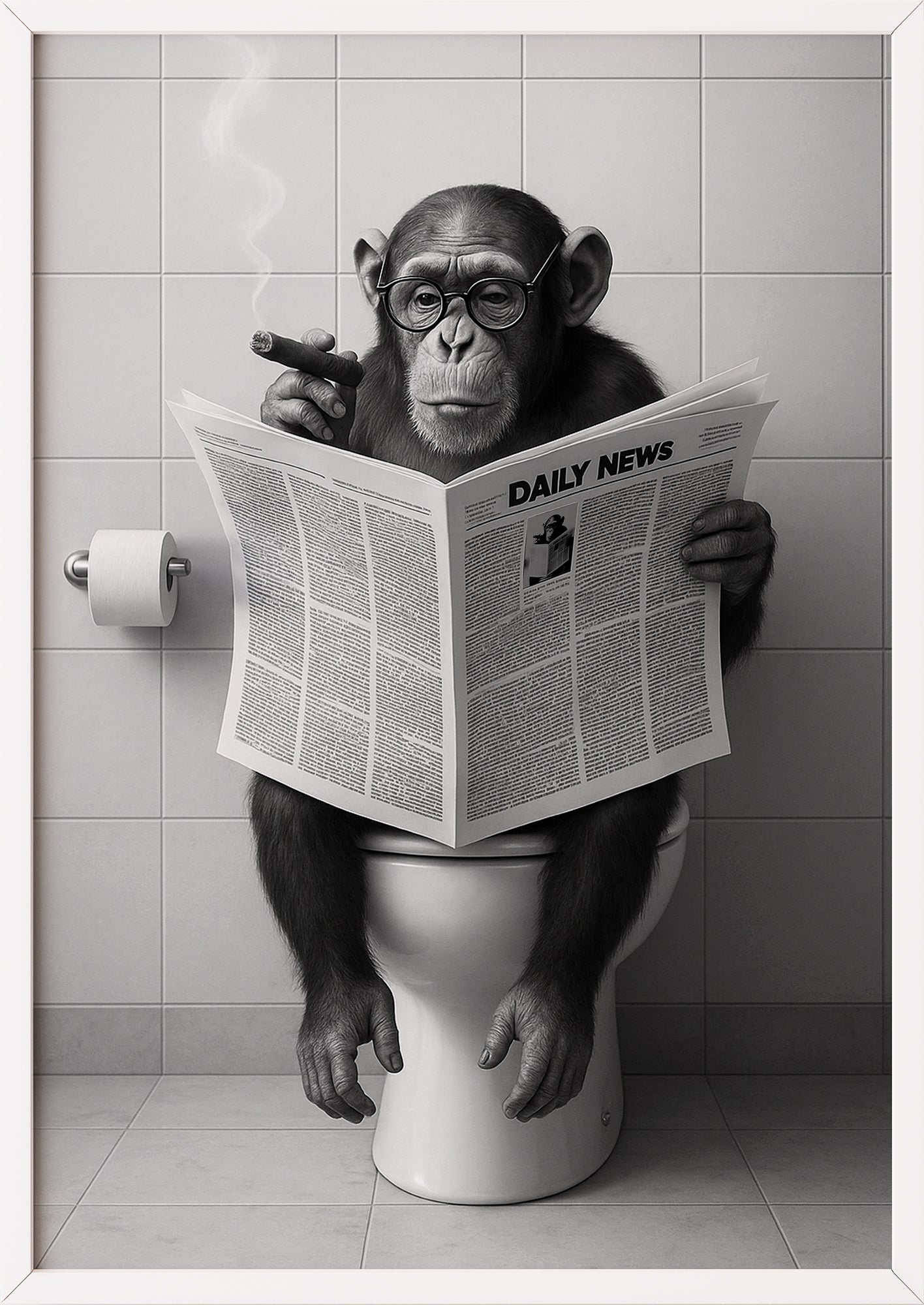 Affen Kunstdruck mit weißem Rahmen – humorvolles Kunstposter für Toilette oder Bad