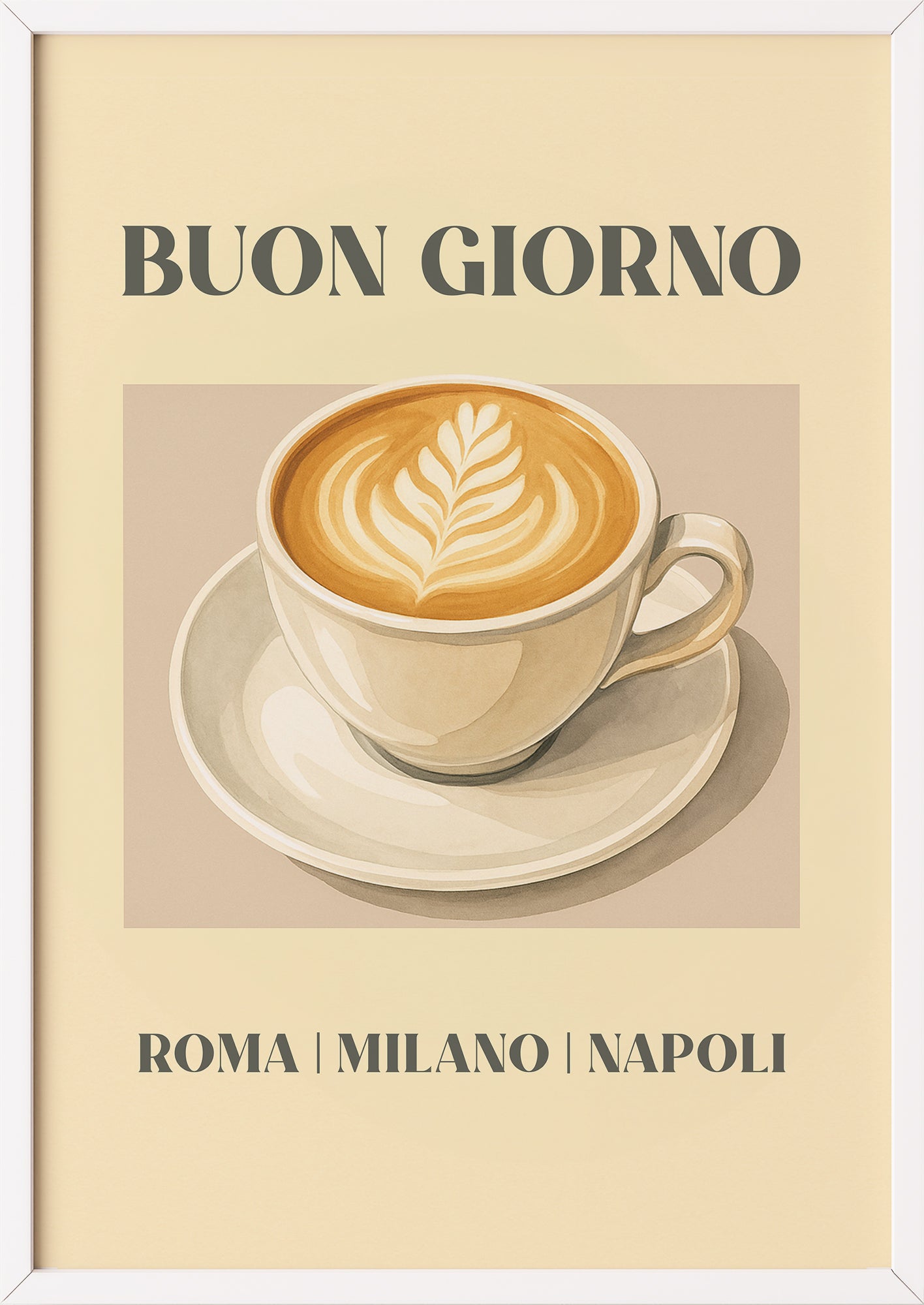 Buon Giorno Kaffee-Illustration im weißen Rahmen auf heller Fläche