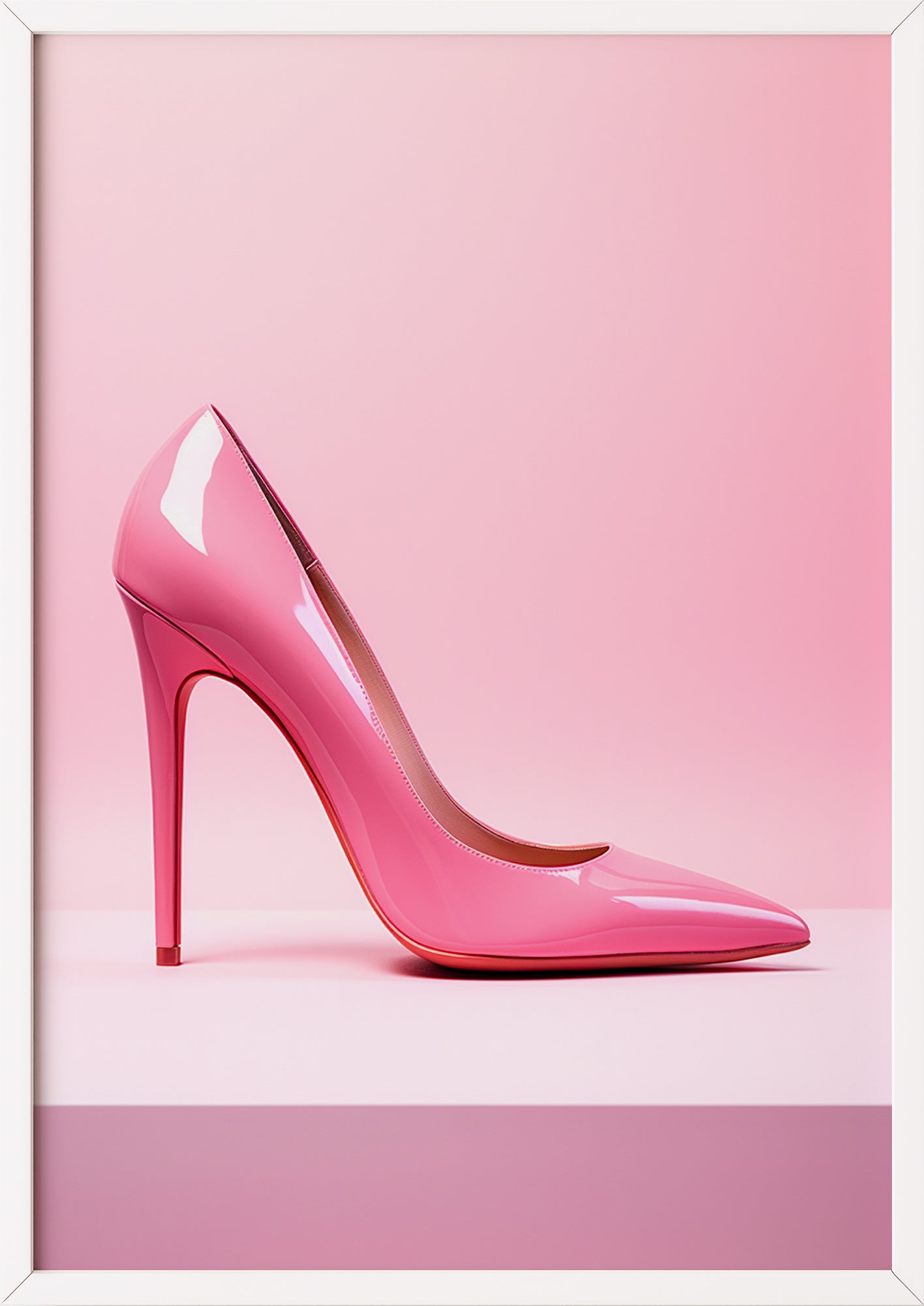 Poster pinker High Heel in weißem Holzrahmen