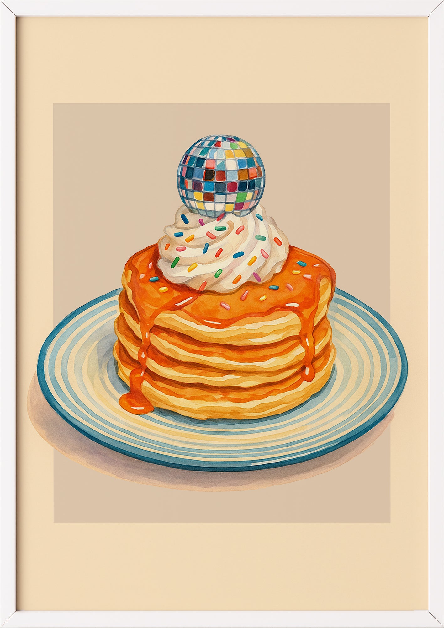 Pancake-Illustration mit Sahne, Streuseln und Diskokugel im weißen Rahmen
