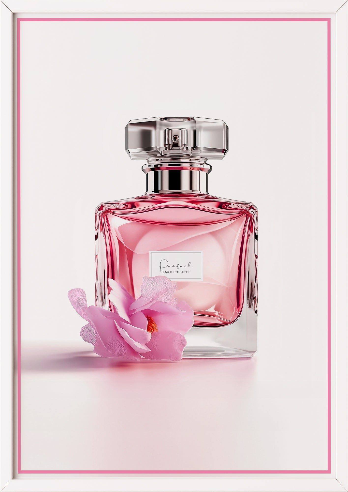 Poster pinker Parfumflakon mit Blüte in weißem Holzrahmen