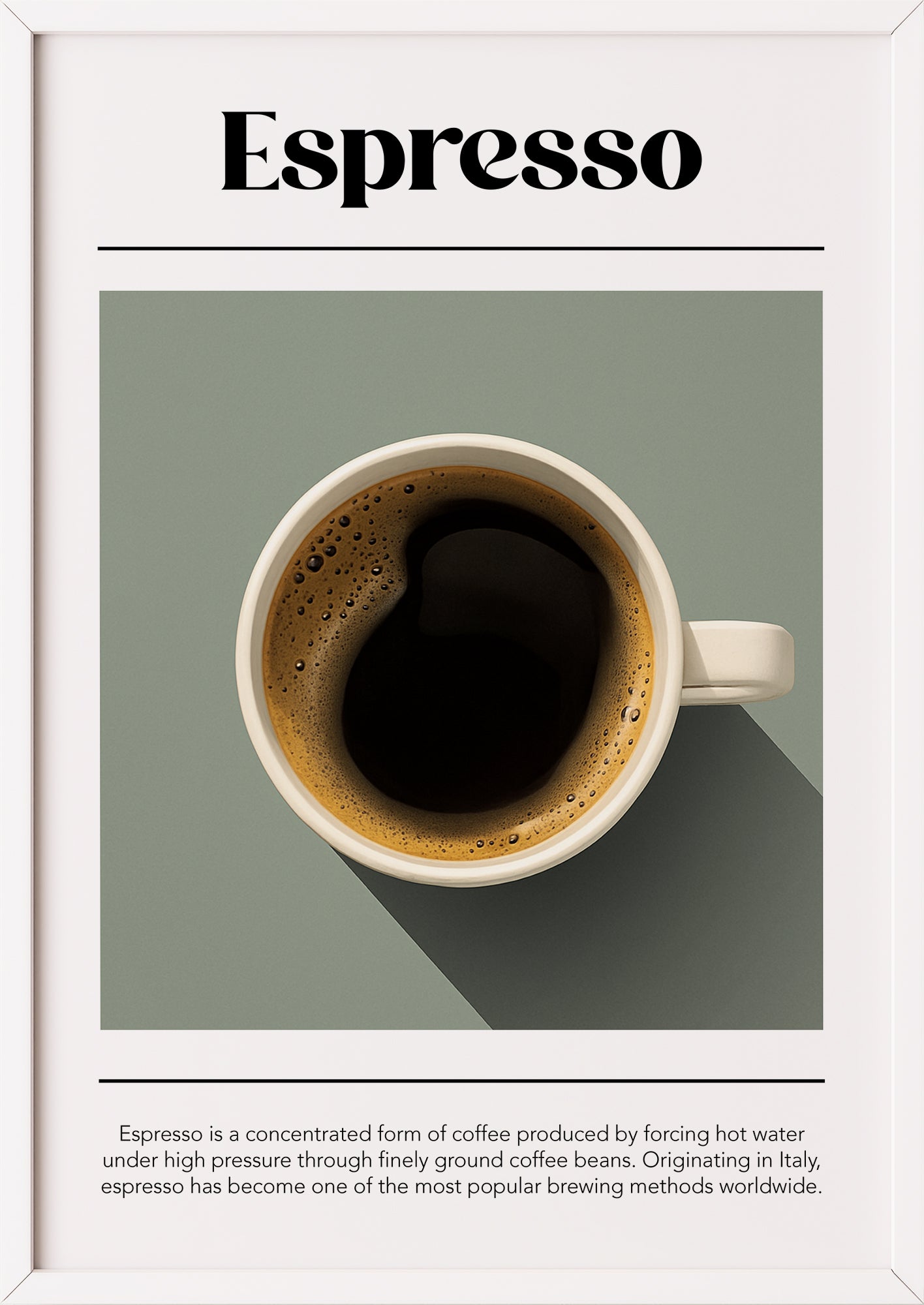 Espresso-Motiv mit Tasse und Erklärung im weißen Rahmen auf heller Fläche
