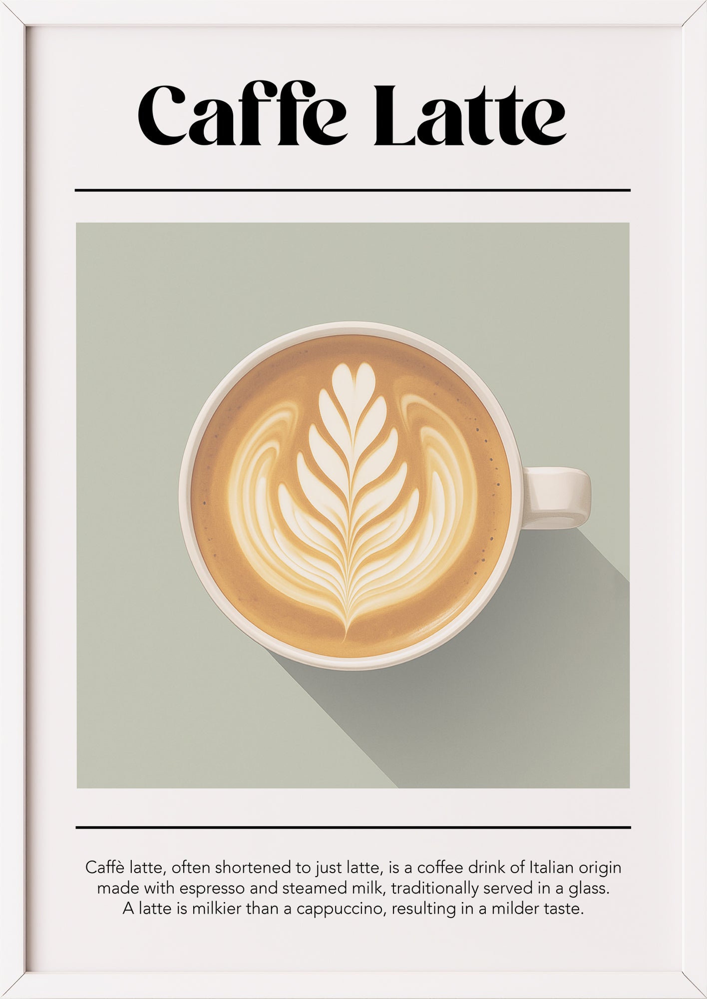 Latte-Illustration mit Infotext im weißen Rahmen auf heller Fläche