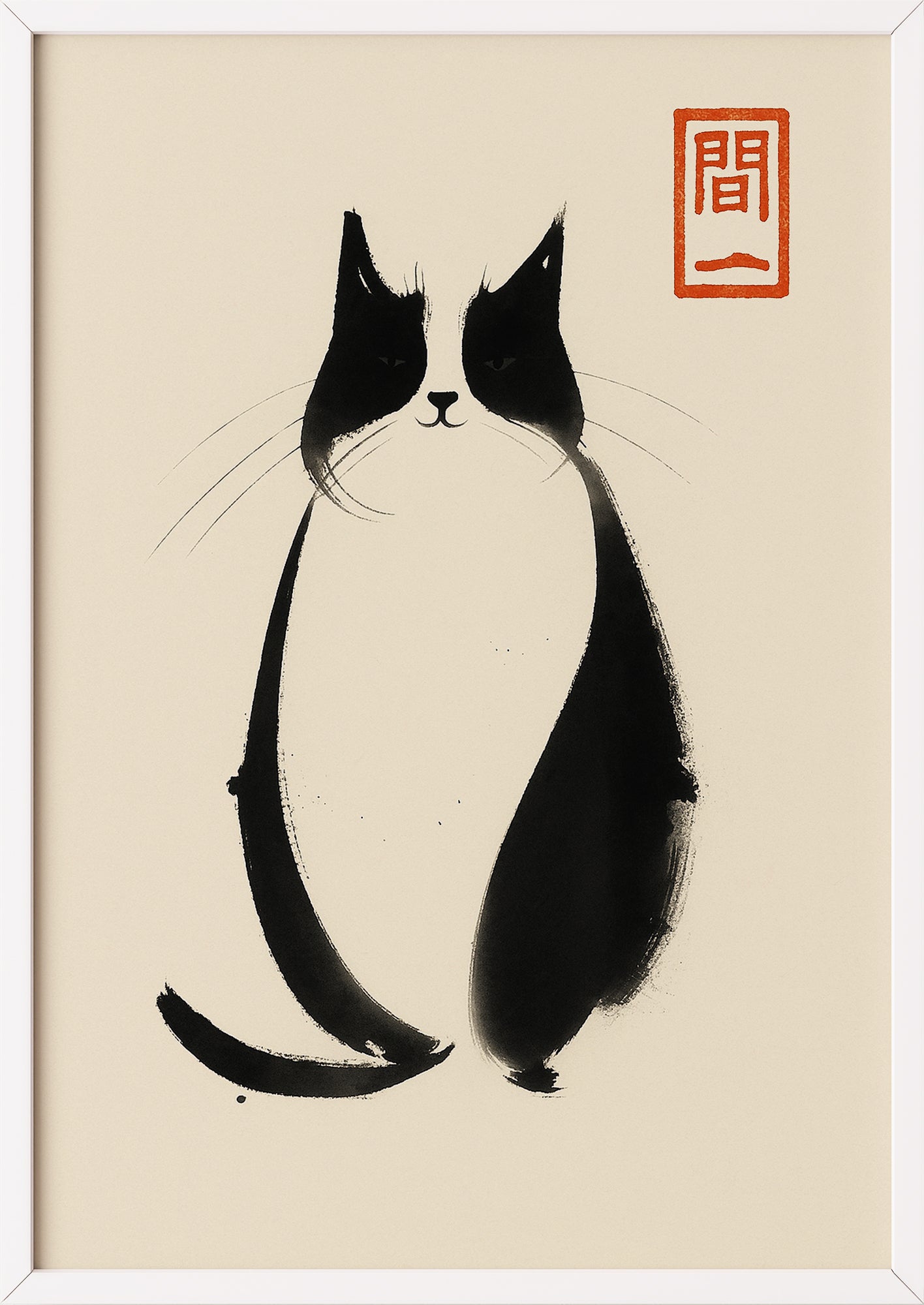 Poster einer meditativen Katze in Weißrahmen auf neutraler Fläche