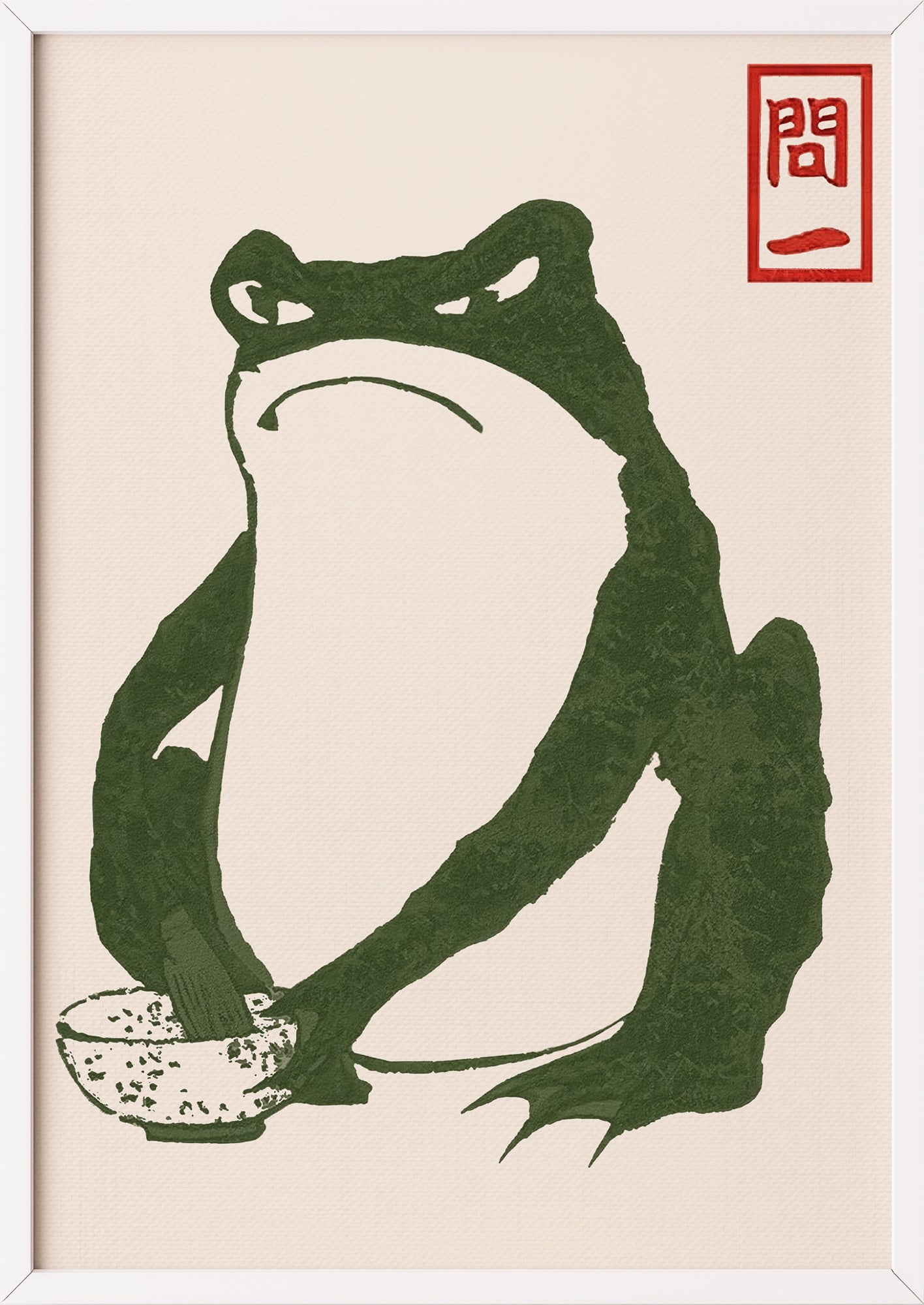 Hoji Frog Kunstwerk von Matsumoto Hoji mit Matcha Schale gerahmt in weißem Rahmen
