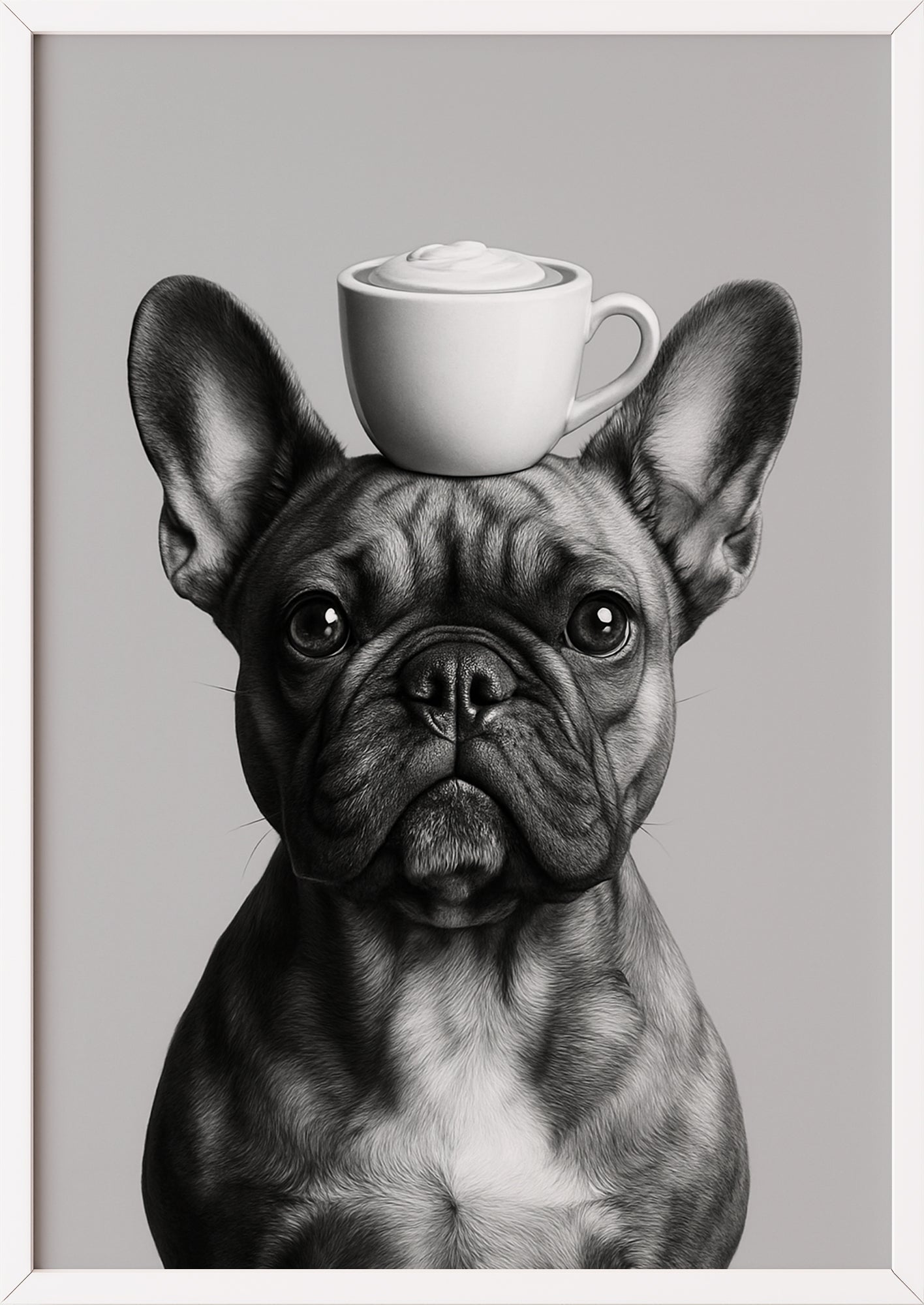 Poster der französischen Bulldogge mit Kaffeetasse im weißen Rahmen an einer farbigen Wand