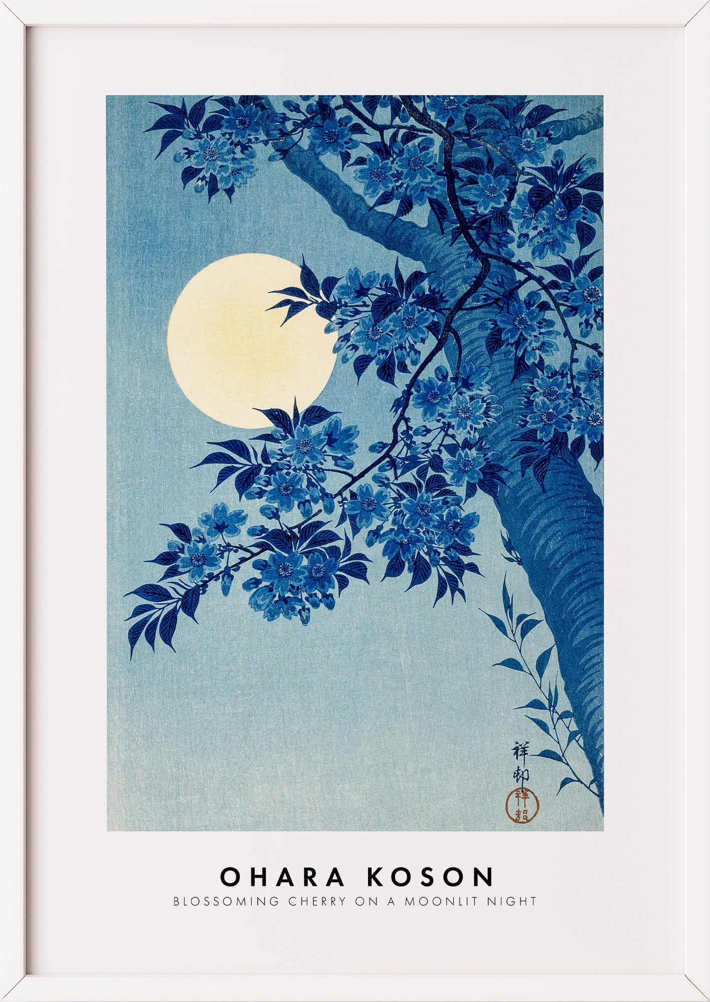 Nahaufnahme von Blossoming Cherry on a Moonlit Night von Ohara Koson als Poster