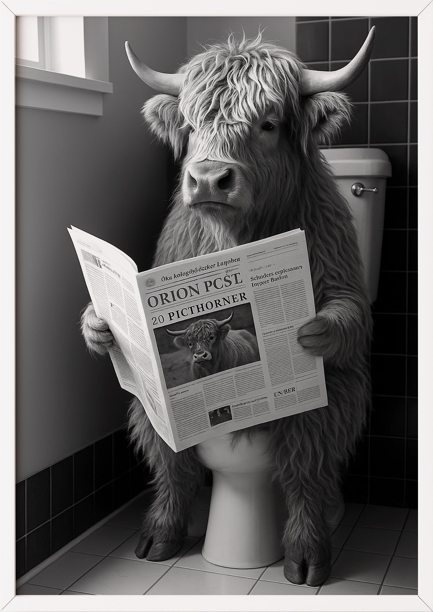 Hochlandrind auf Toilette Bild in weißem Rahmen im Bad