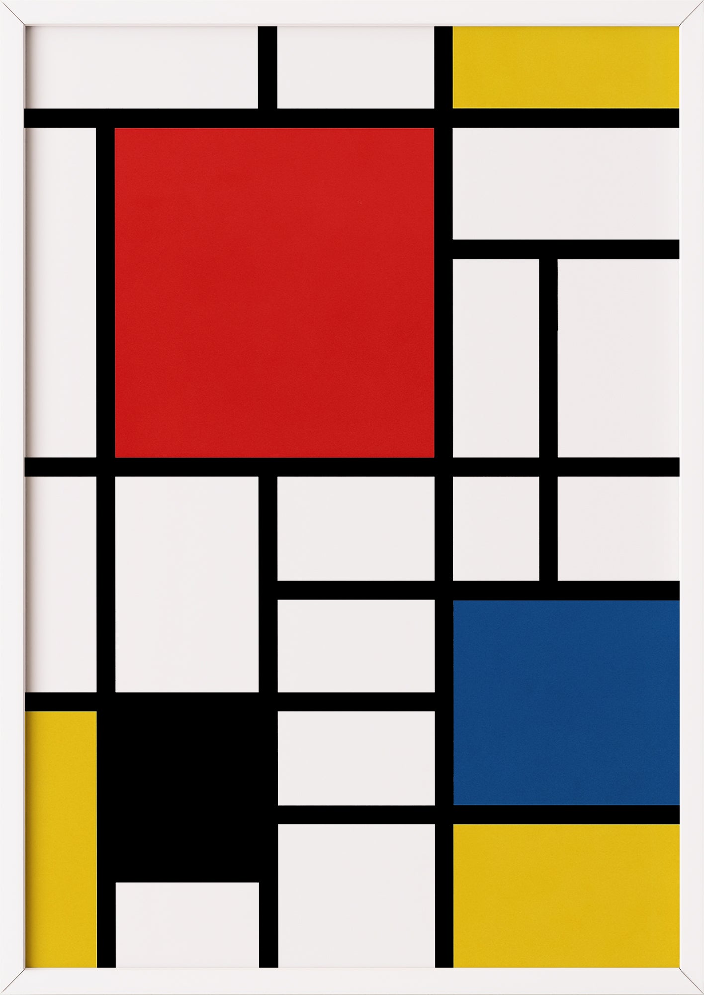 Kunstposter mit Bauhausgrafik im weißen Rahmen auf heller Wand