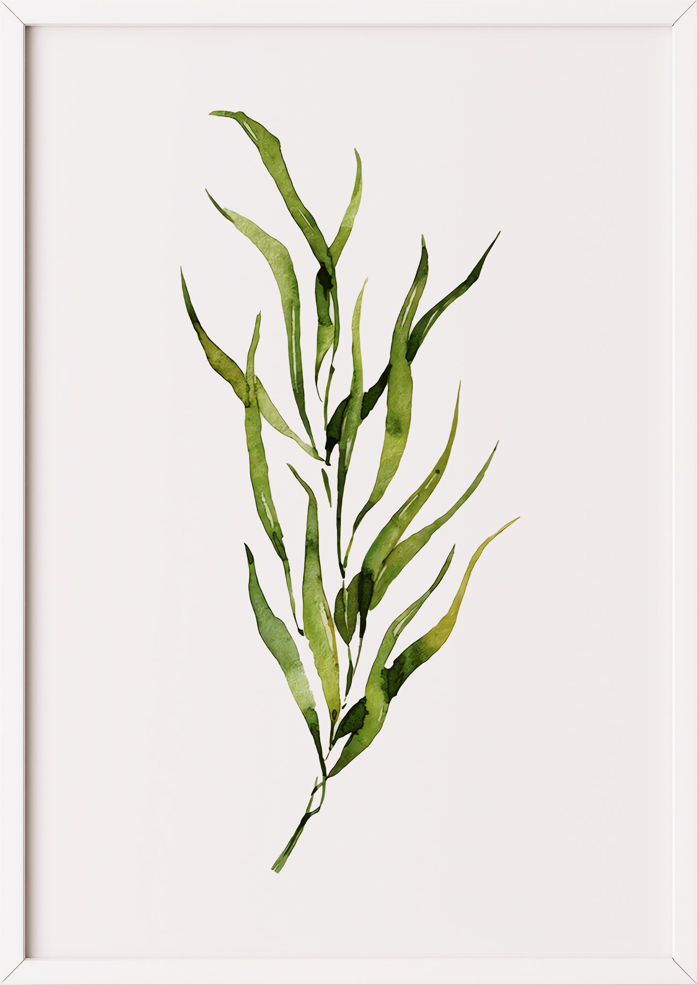 Poster mit grünem Aquarellzweig im weißen Rahmen an einer neutralen Wand