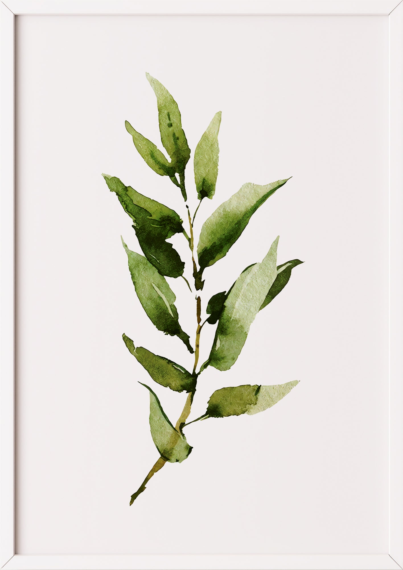 Poster mit schmalblättrigem Zweig im weißen Rahmen an einer hellen Wand