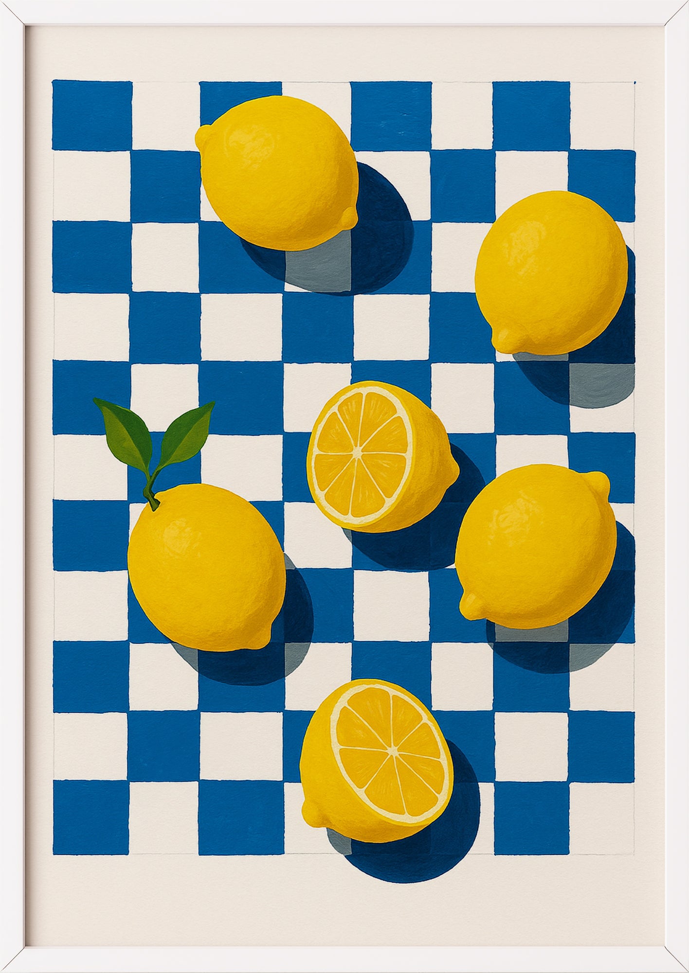 Halbierte und ganze Zitronen als Illustration mit kräftigen Farben in weißem Rahmen