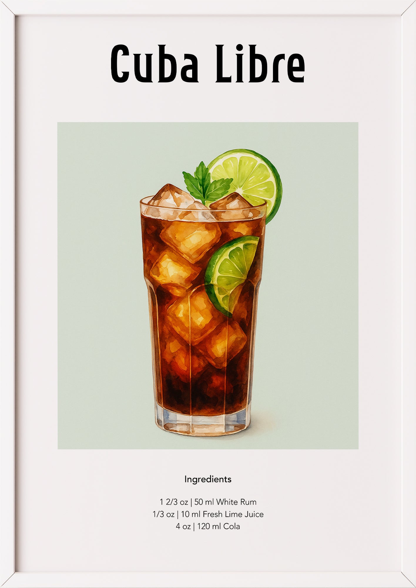 Cocktail-Illustration Cuba Libre in Aquarell, minimalistisch vor grünem Hintergrund
