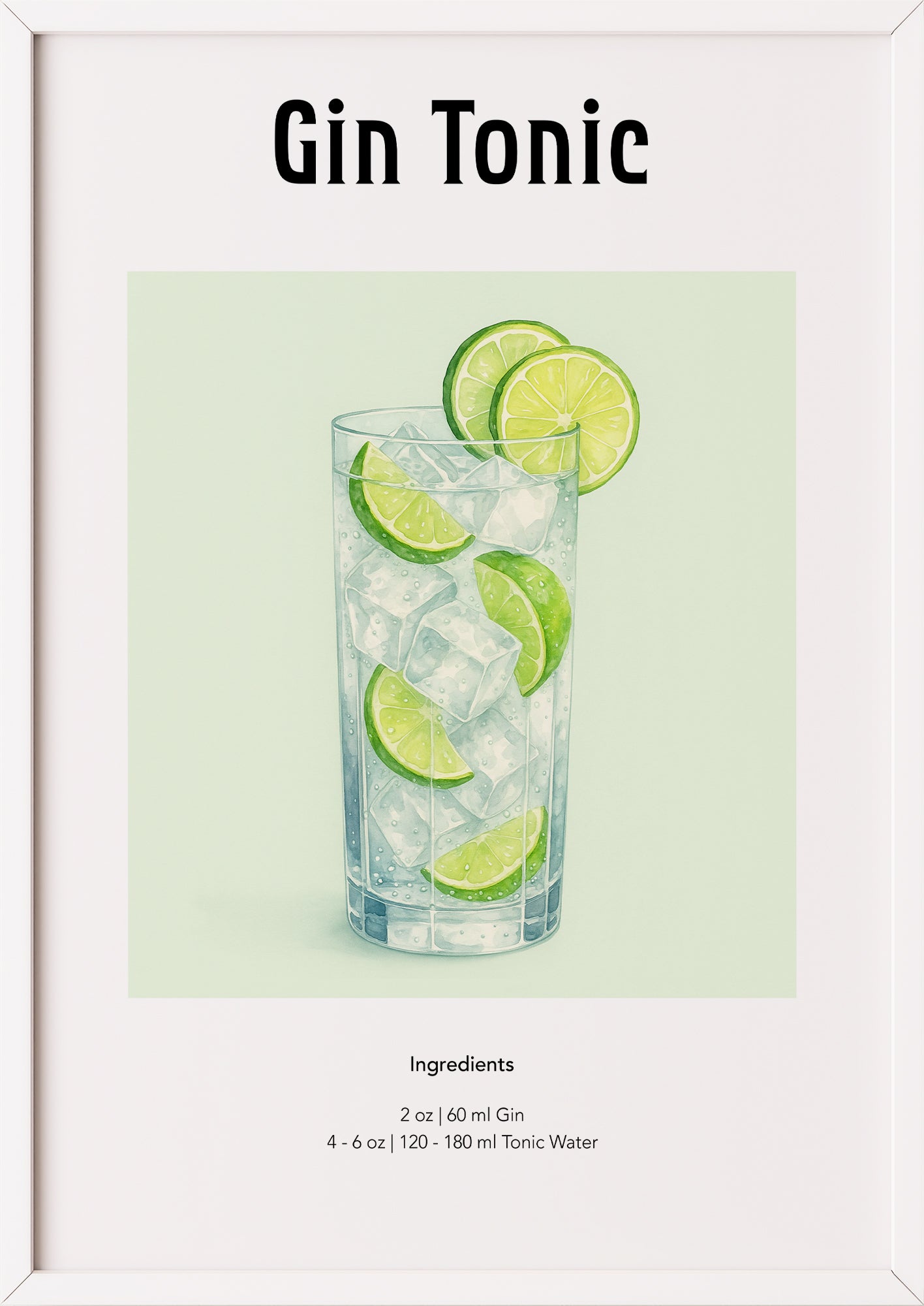 Aquarellillustration Gin Tonic im weißen Rahmen, angelehnt an Wand
