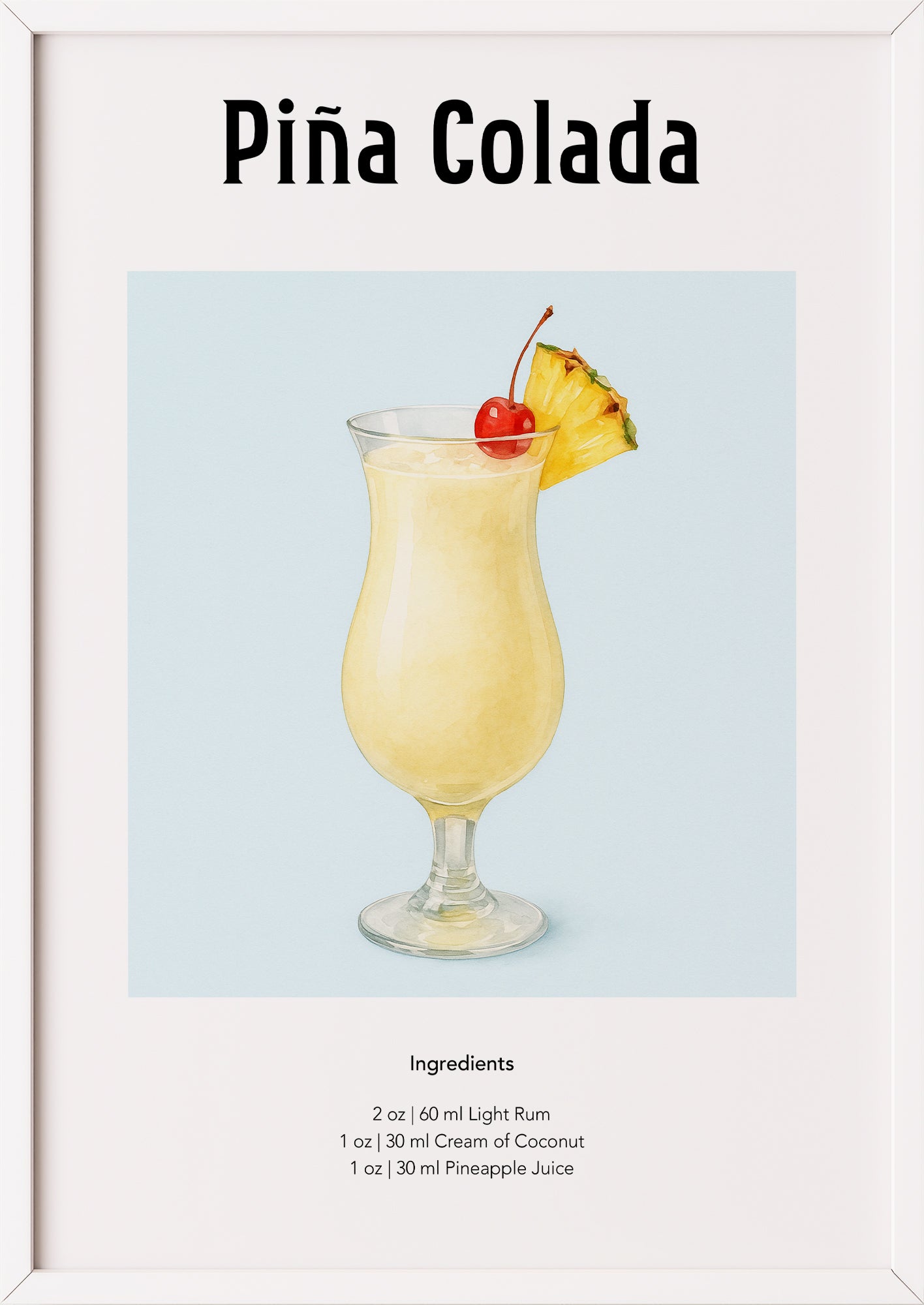 Piña Colada Aquarellposter im weißen Rahmen mit Urlaubsflair