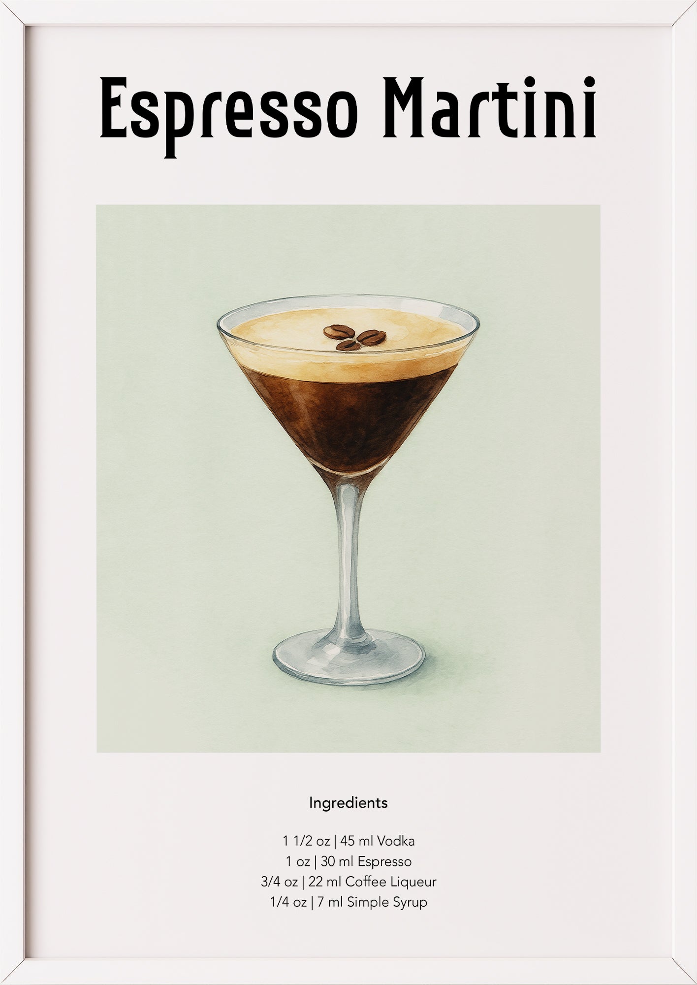 Espresso Martini Poster im weißen Rahmen vor hellem Hintergrund