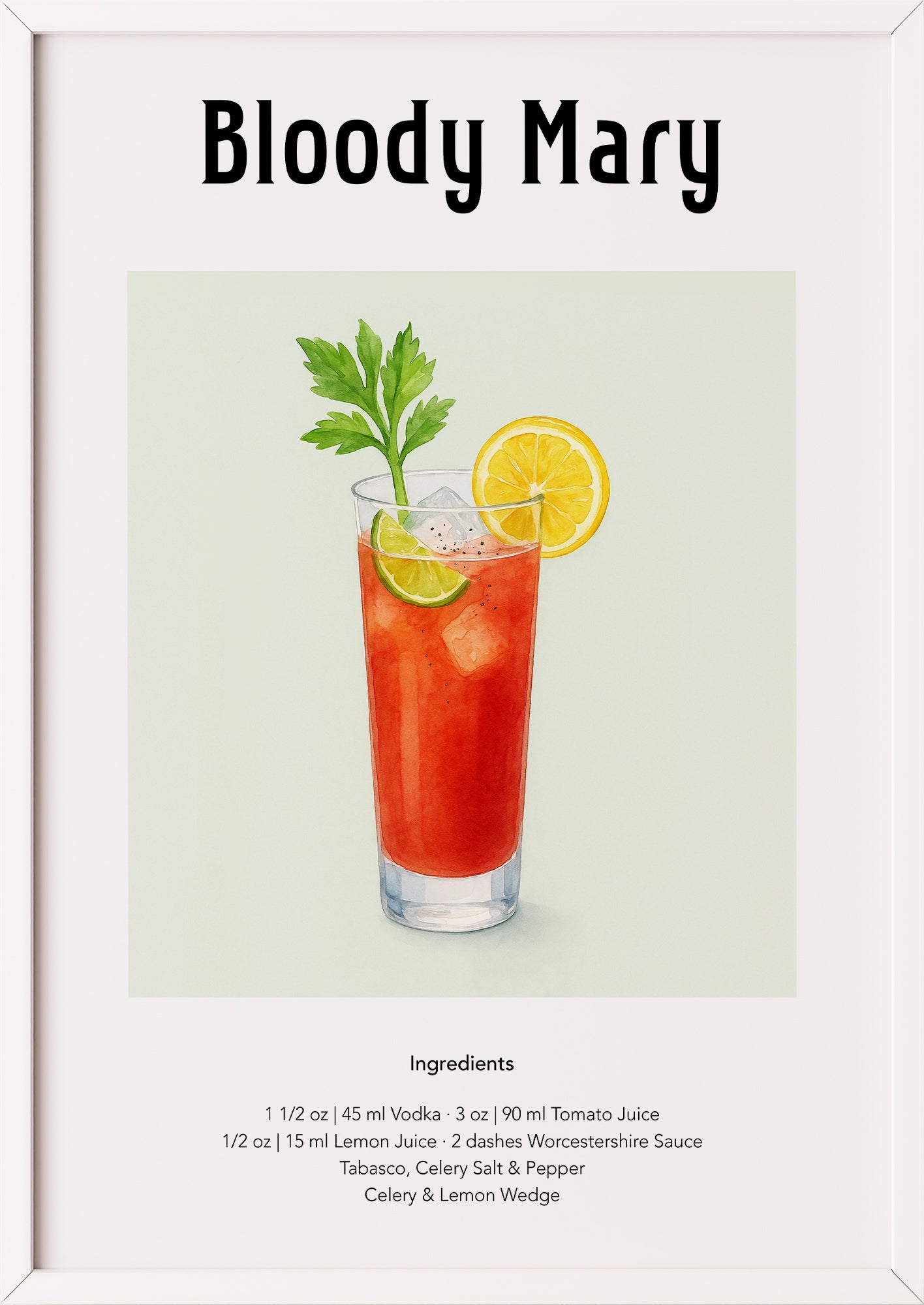 Blutroter Bloody Mary im Aquarellstil als gerahmtes Kunstwerk an Wand gelehnt